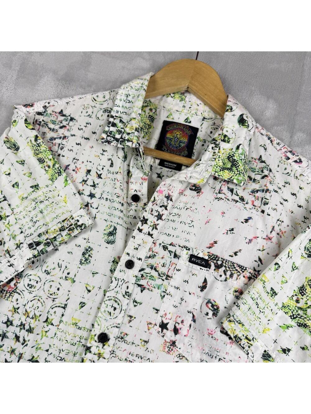 RVCA Christian Fletcher Button Up Shirt Men Medium Surf Skate Art Print Summer